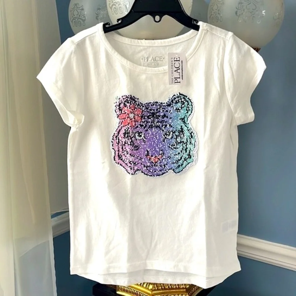 Brand New The Children’s Place White Short Sleeve Top Flip Sequins Floral Tiger